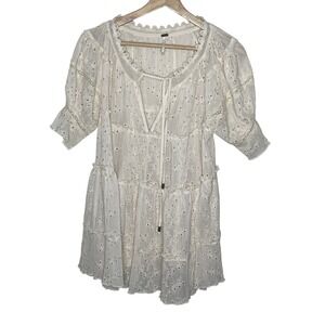 Free People ‎ Eyelet Lace Tiered Puff Sleeve Mini Dress XS